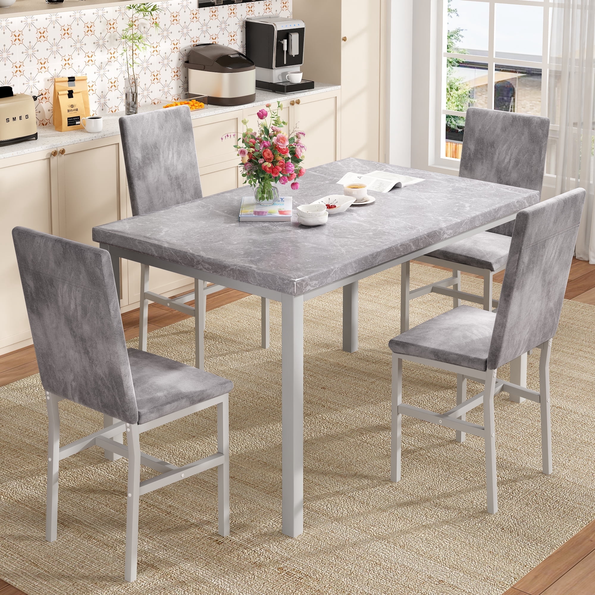 Baxluxe Marble Dining Table Set for 4, 47.2 Inch Rectangle Kitchen