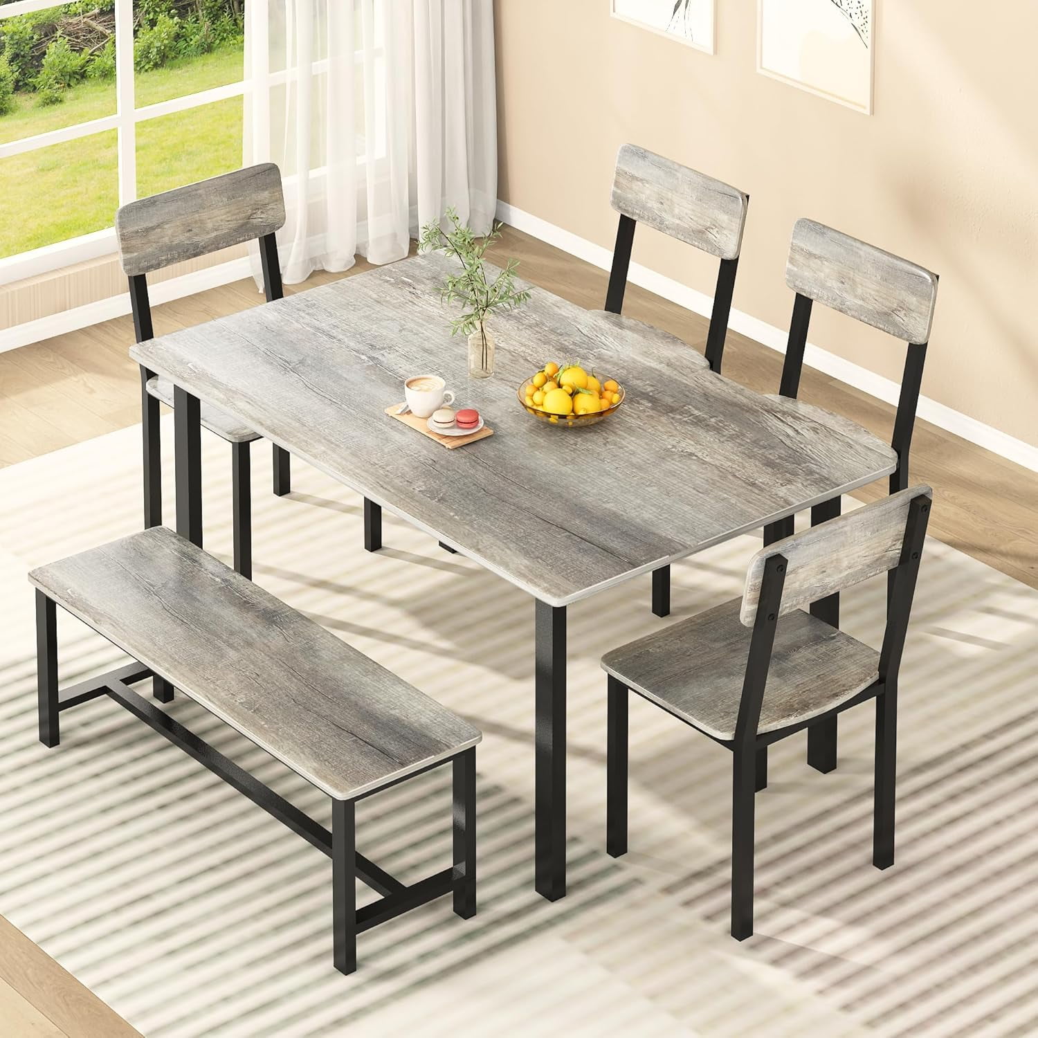 Baxluxe Gray Dining Table Set with Bench and Chairs, 51.18'' Rectangle ...