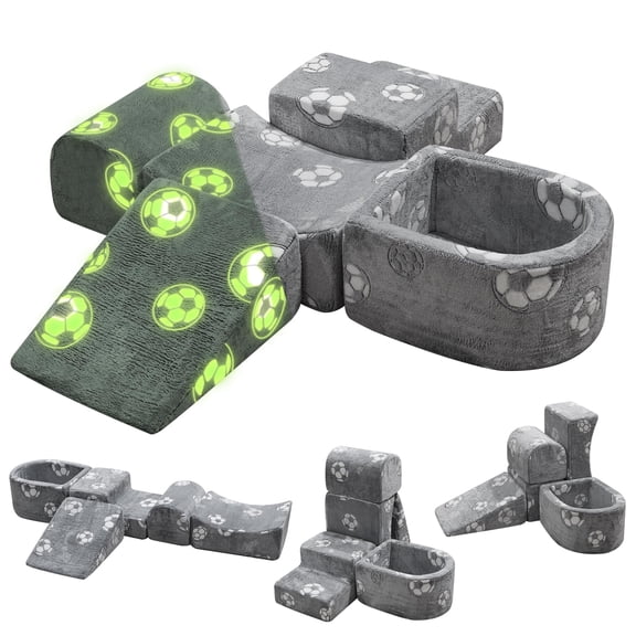 Baxluxe 5-in-1 Modular Kids Couch with Climbing Blocks, Glow in The Dark Toddler Play Sofa for Ages 1-3, Cartoon Multi-Combination Sectional for Motor Skills & Imagination Development, Gray Soccer