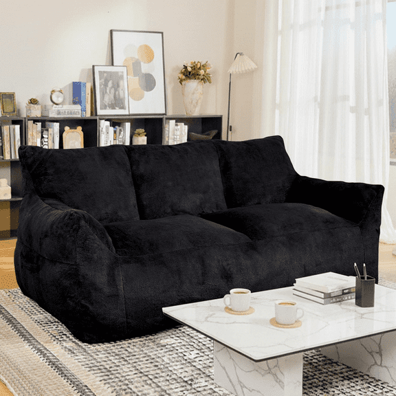 Baxluxe Loveseat Bean Bag Sofa Chair, Faux Fur Fluffy Lounger Sofa with Memory Foam Filled, 2 Seater Oversized Cozy Couch with Side Pocket, Giant Bean Bag Sofa for Living Room, Office, Black