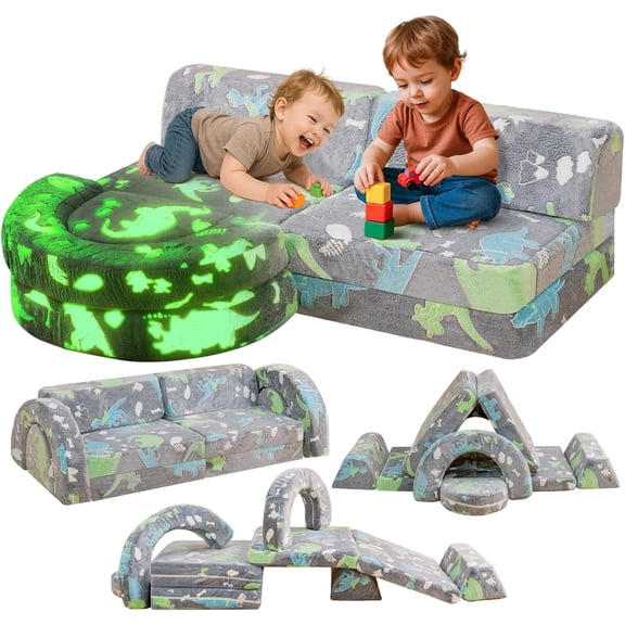 Baxluxe Luminious Kids Play Couch for Toddler, 10 Pcs Convertible Kids Couch Flip Open Sofa, Folding Velvet Couch Bed Toddler Sofa Chairs, Kids Sofa Bed for Playroom, Bedroom Furniture, Dinosaur