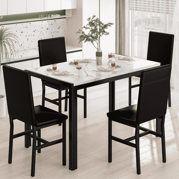 Baxluxe Marble Dining Table Set for 4, 47.2 Inch Rectangle Kitchen Table and Chairs Set, Faux Marble Dining Table with 4 Leather Dining Chairs, 5 Pieces Dinette Set for Breakfast Nook, White+Black