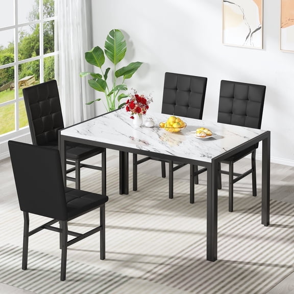 Baxluxe Marble Dining Table Set for 4, Faux Marble Kitchen Table with 4 Tufted Leather Dining Chairs, Rectangle Dining Table and Chairs Set, Dinette Set for Breakfast Nook, Apartment, Black