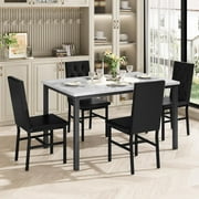 Baxluxe Marble Dining Table Set for 4, Gray Faux Marble Kitchen Table and Chairs Set, 5 Pieces Rectangle Dining Table with 4 Leather Dining Chairs, Dining Set for Small Space, Pub, Gray+Black