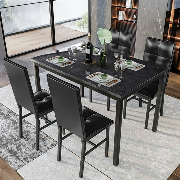 Baxluxe Dining Table Set for 4 Counter Height, 47.2 Inch Marble Kitchen Table with 4 PU Leather Chairs 4 Person Dining Room Table Set ,5 Piece Small Breakfast Table, Black