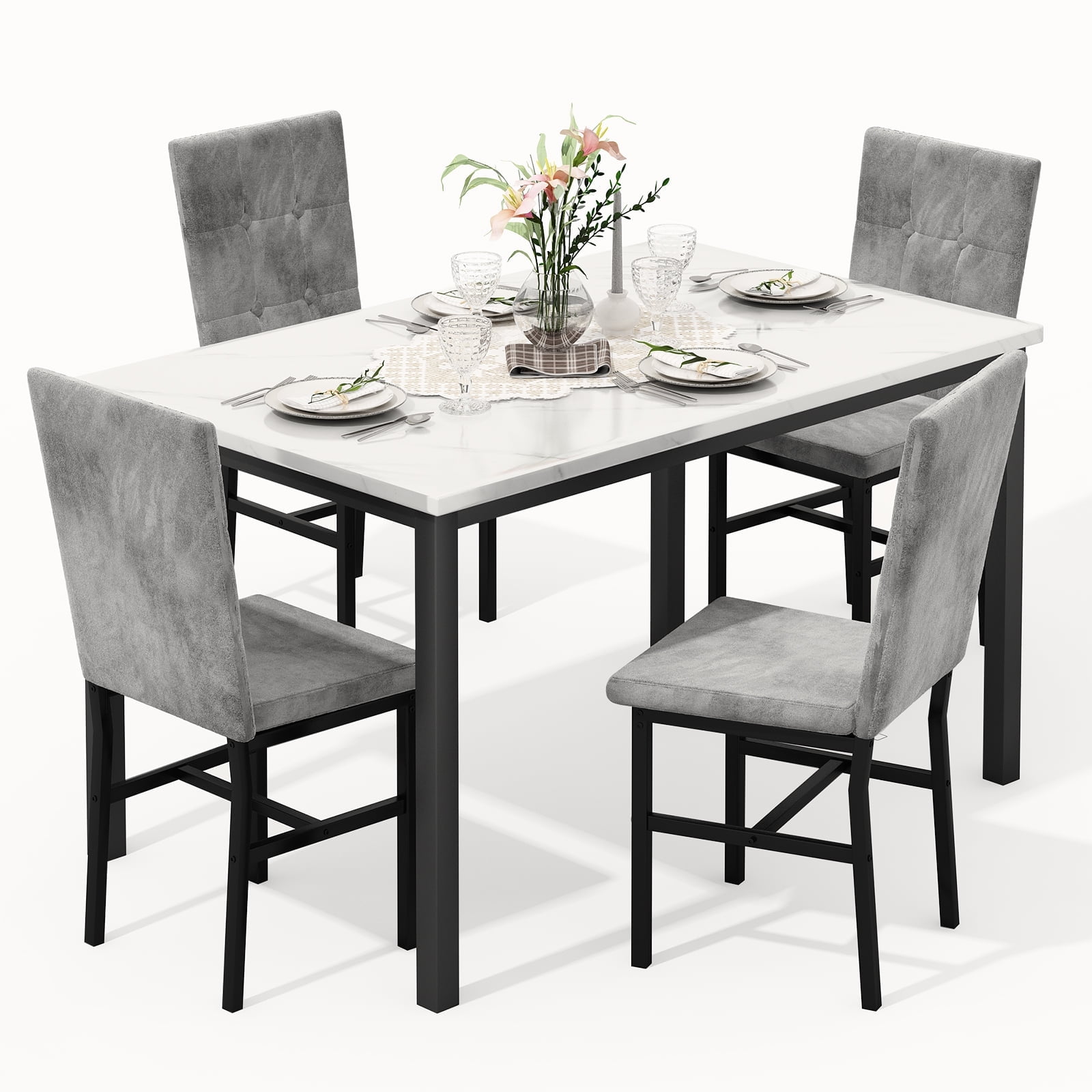 Baxluxe Marble Dining Table Set for 4, Rectangle Faux Marble Kitchen ...
