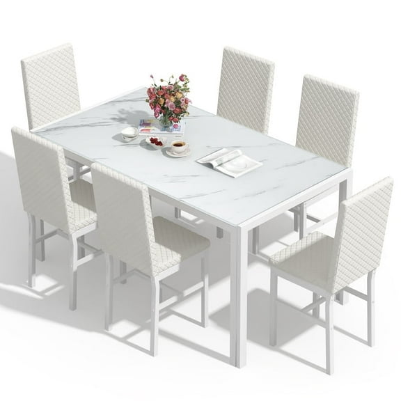 Baxluxe Marble Dining Table Set for 6, 6-Person Faux Marble Kitchen Table and Chairs Set, 51.18 Inch Rectangle Dining Table with 6 Leather Dining Chairs, 7 Pieces Dinette Set for Big Family, White