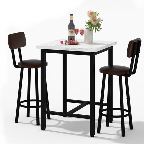 Baxluxe Marble Dining Table Set for 2, Faux Marble Square Bar Table Set with 2 Leather Bar Stools, Counter Height Kitchen Table and Chairs Set, 3 Pieces Pub Table Set for Breakfast Nook, White