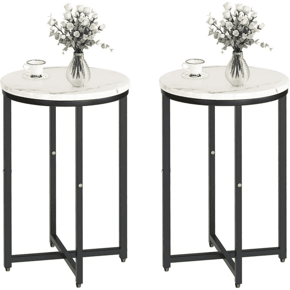 Baxluxe Marble Side Table Set of 2, Faux Marble Round End Table with Metal Base, Small Living Room Coffee Table Nightstand Bedside Table, Modern End Table Set for Living Room, Bedroom, Black