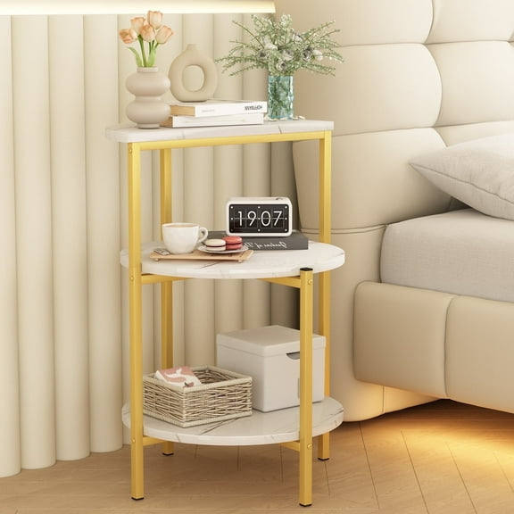 Baxluxe Round End Table with Storage Shelves,3 Legged Faux Marble Small Gold Side Table, Metal Frame Accent Coffee Table Nightstand, 3-Tier Storage Living Room Table for Small Space, White+Gold