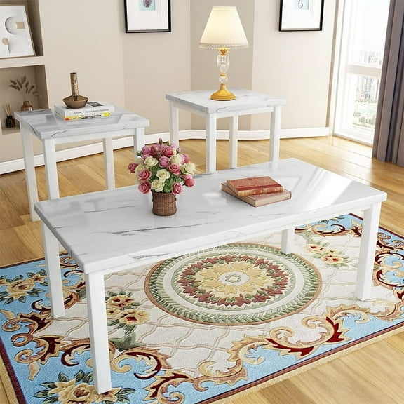 Baxluxe Marble coffee table set, modern style coffee table set of three, with two white marble side tables and a marble center table, suitable for living rooms and apartments, white