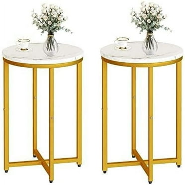 Baxluxe Modern Side Table 2-Piece Set, Marble-Look Round Metal Side Table, Coffee Side Table, Suitable for Living Room, Bedroom, Small Room, Gold