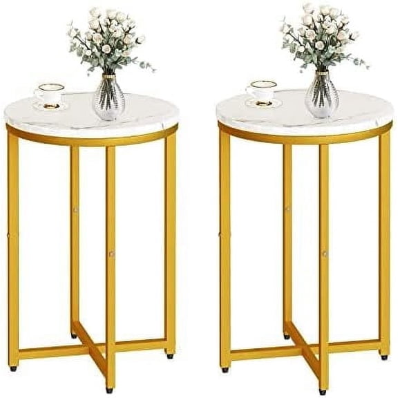 Baxluxe Modern Side Table 2-Piece Set, Marble-Look Round Metal Side Table, Coffee Side Table, Suitable for Living Room, Bedroom, Small Room, Gold