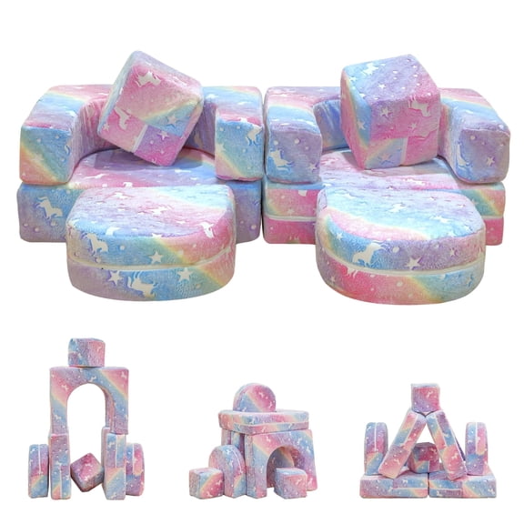 Baxluxe Modular Kids Couch, Sectional Play Sofa for Playroom, Glow-in-The-Dark Convertible Foam Sofa, Multi-Combination Playing Couch for Developing Imagination, Rainbow Unique