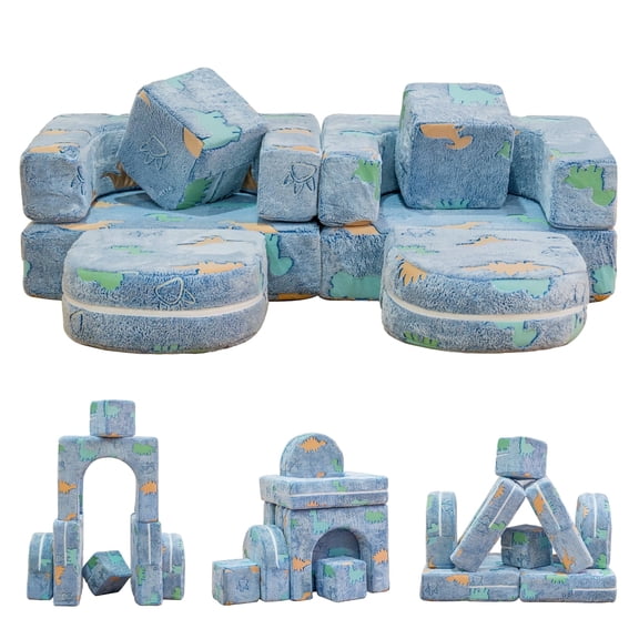 Baxluxe Modular Kids Couch, Sectional Play Sofa for Playroom, Glow-in-The-Dark Convertible Foam Sofa, Multi-Combination Playing Couch for Developing Imagination, Blue Dinosaur