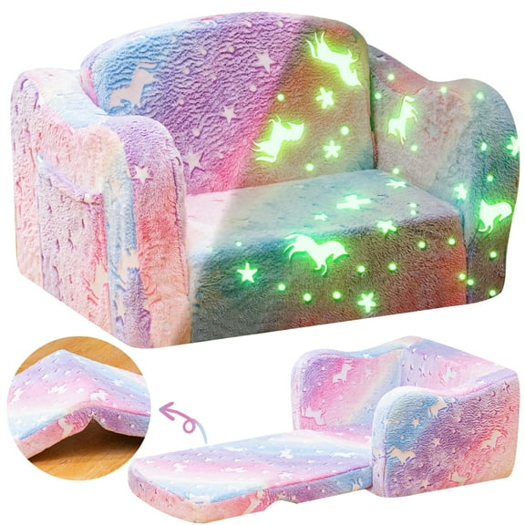 Baxluxe Velvet Toddler Sofa for Kids, Luminous Toddler Couch Folding Sofa Chair, Colorful 2-in-1 Convertible to Bed Kids Sofa, Sleeper Lounger Couch for Playing Room, Living Room, Rainbow