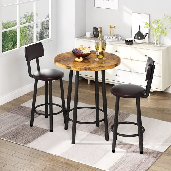 Baxluxe Pub Dining Table Set for 2, Wooden Round Bar Table Set with 2 Leather Bar Stools, Counter Height Dining Table with Chairs Set, Retro Brown