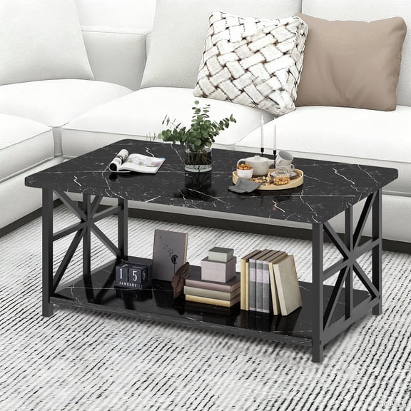 Baxluxe Rectangular Coffee Table with Storage Shelves, Faux Marble Tabletop Living Room Center Table, 2-Tier Storage Tea Table, Modern Coffee Table for Small Space, Home, Office, Black