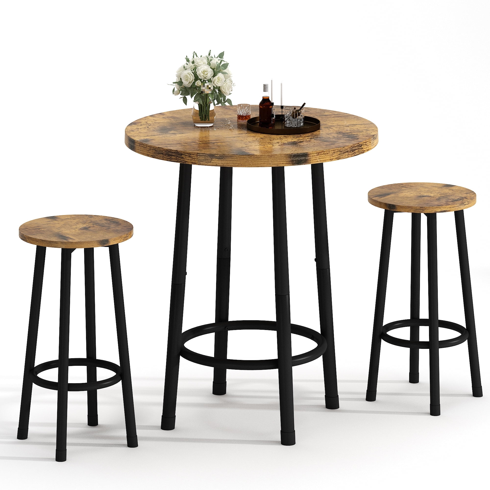 Baxluxe Retro Bar Table Set for 2, Wooden Round Dining Table Set with 2 ...