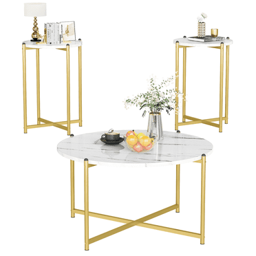 Baxluxe Round Coffee Table Set of 3, Faux Marble Living Room Center Table with 2 End Tables Set, Metal Frame Middle Table and Side Tables Set, 3 Pieces Golden Coffee Table Set for Home, Office, White
