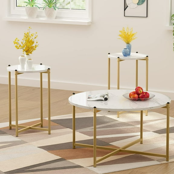 Baxluxe Marble Coffee Table Set, 3 Pieces Round Center Table with 2 End Tables, Faux Marble Middle Tea Table and Side Tables Set with Metal Frame, Living Room Table Set for Home, Office, White+Gold
