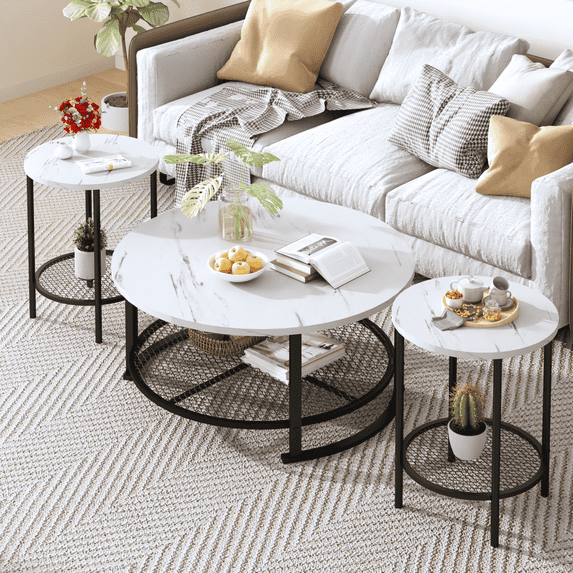 Baxluxe Round Coffee Table Set of 3, Marble-Look Living Room Coffee Tables, Includes Two Side Tables and a Storage Shelf, 3-Piece Coffee Table Set, Suitable for Home and Office Use, White