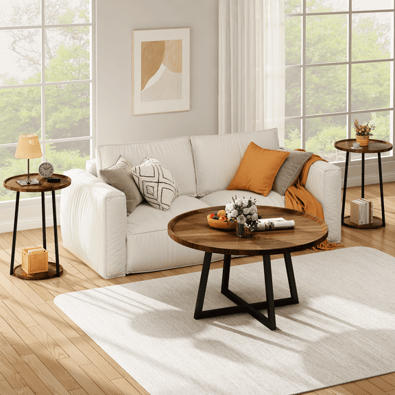 Baxluxe Round Coffee Table Set 3 Piece with 2 Side Tables, Easy Assembly Vintage Living Room Table Set of 3, Suitable for Offices, Living Rooms and Apartments