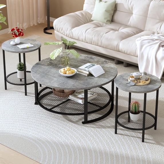 Baxluxe Round Coffee Table Set of 3, Wooden Living Room Center Table with 2 End Tables, Middle Table and Side Tables Set with Storage Shelves, 3 Pieces Tea Table Set for Home, Office, Gray