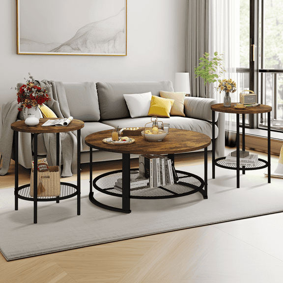 Baxluxe Round Coffee Table Set of 3, Wooden Living Room Center Table with 2 End Tables, Middle Table and Side Tables Set with Storage Shelves, 3 Pieces Tea Table Set for Home, Office, Brown