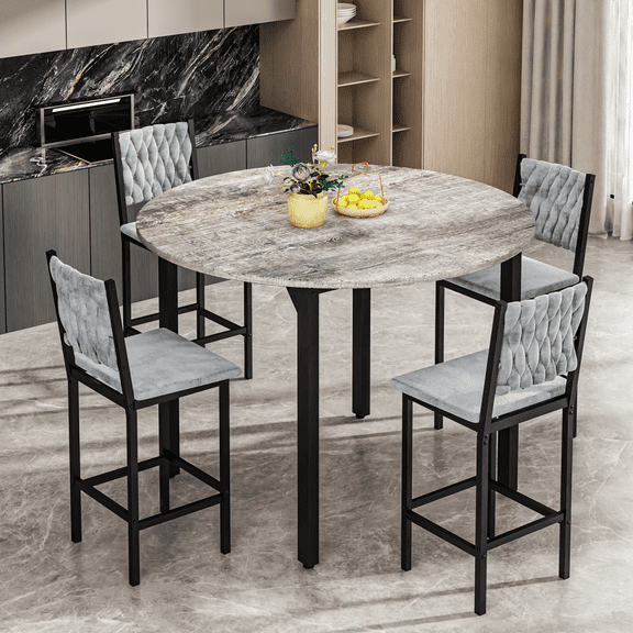 Baxluxe Round Dining Table Set for 4,Faux Marble Circle Dining Table Set with Upholstered Velvet Chairs,Modern Kitchen Table and Chairs Set for 4,Round Dinner Table & Chair Set for Small Space