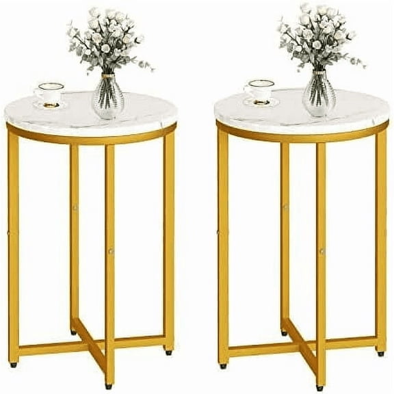 Baxluxe Round End Table Set of 2, Faux Marble Golden Side Table with Metal Base, Living Room Small Coffee Table Nightstand Bedside Table, 2 Pieces Sofa End Table for Living Room, Bedroom, Gold