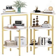 Baxluxe Round Gold Side Table with Storage Shelves, Set of 2 Faux Marble End Table, 3 Legged Accent Coffee Table Nightstand, Metal Frame Small Table, Living Roo