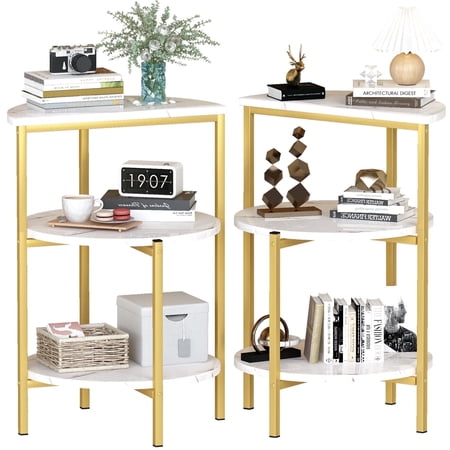 Baxluxe Round Gold Side Table with Storage Shelves, Set of 2 Faux Marble End Table, 3 Legged Accent Coffee Table Nightstand, Metal Frame Small Table, Living Room Table for Small Space, White+Gold