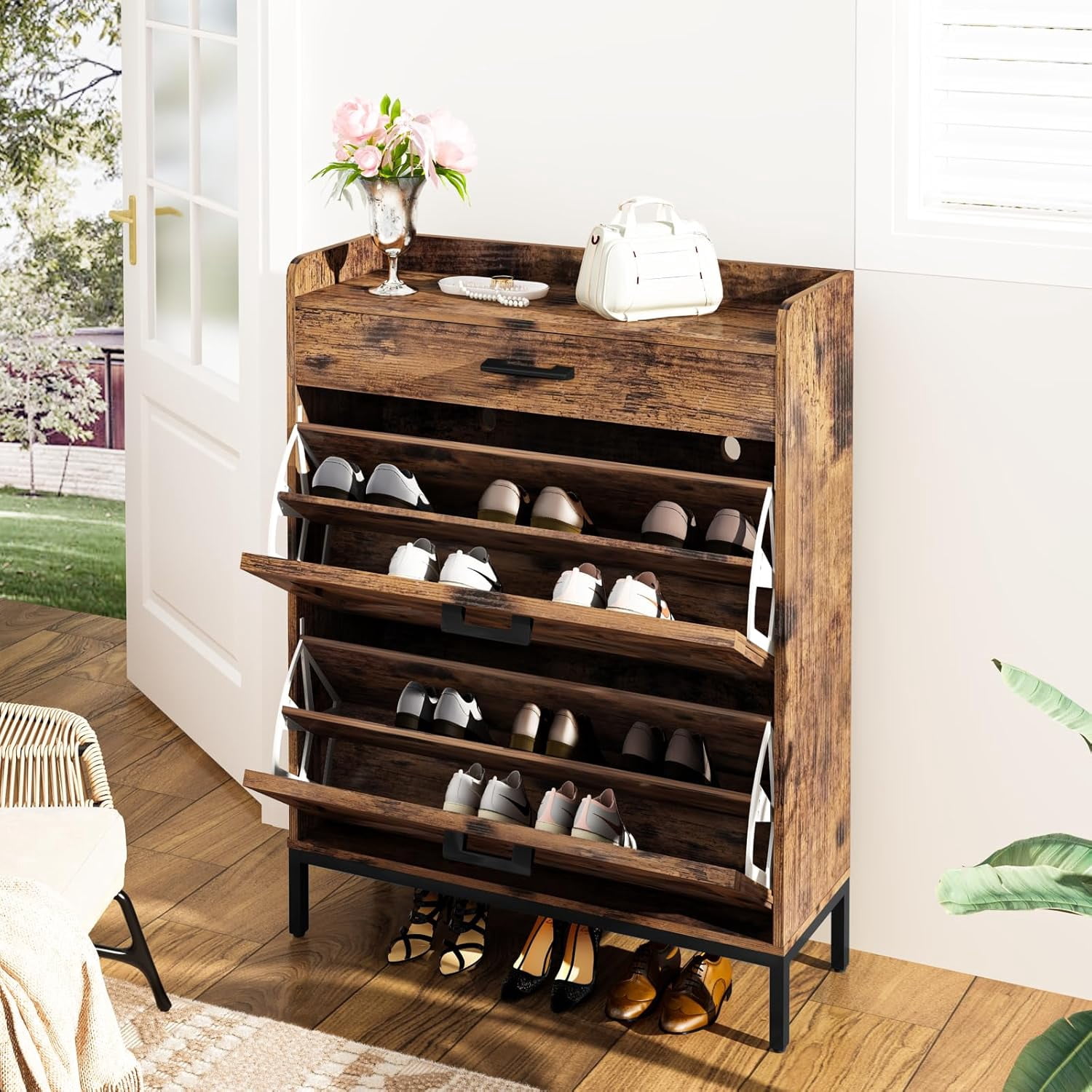 Baxluxe Shoe Cabinet with 2 Flip-Down Drawers & 4 Tiers 16 Pairs Wooden Shoe Rack for Entryway Freestanding Shoe Rack for Closet,Hallway, Closet, Dorm, Retro