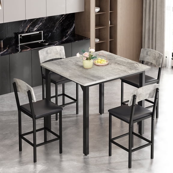 Baxluxe Dining Table Set for 4, Solid Wood Desktop Kitchen Table with 4 Upholstered Dining Chairs, Modern Dining Room Table Sets for Small Space, Apartment, Gray