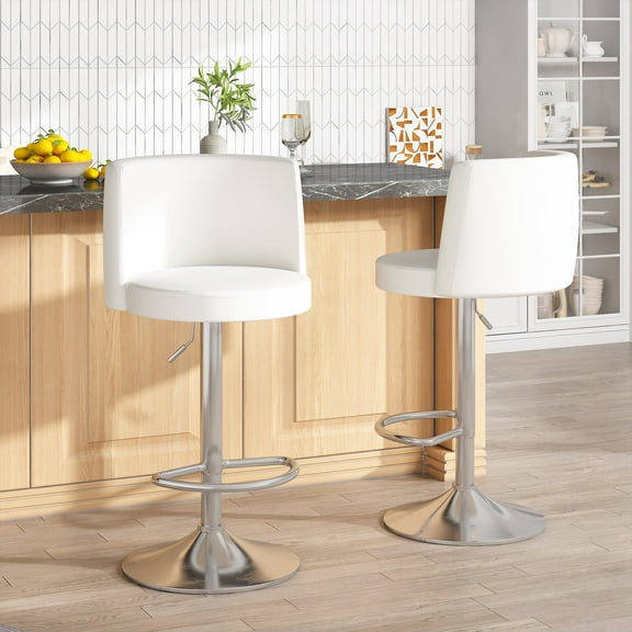Baxluxe Swivel Bar Stools with Footrest, Set of 2 Adjustable Counter Height Bar Chairs Stools, Backrest Leather High Stools Bar Chairs, Modern Bar Height Chairs for Kitchen Island, Pub, White