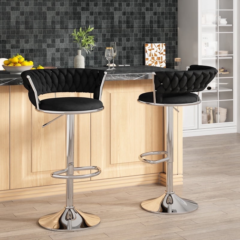 Baxluxe Velvet Bar Stools Set of 2, 360 Degree Swivel Bar Chairs with Footrest & Backrest, Adjustable Counter Height Barstool Dining Chairs, High Stool Pub Chairs for Kitchen Island, Black