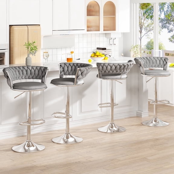 Baxluxe Swivel Bar Stools Set of 4, 4 Pieces Velvet Bar Chairs with Footrest & Backrest, Adjustable Counter Height Barstool Dining Chairs, High Stool Pub Chairs for Kitchen Island, Gray