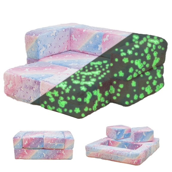 Baxluxe Velvet Toddler Sofa Chairs, Glow in The Dark Kids Play Couch Toddler Fold Out Sofa, Convertible Modular Baby Couch Lounger Chairs, Luminous Sofa Chairs for Bedroom, Playroom, Rainbow