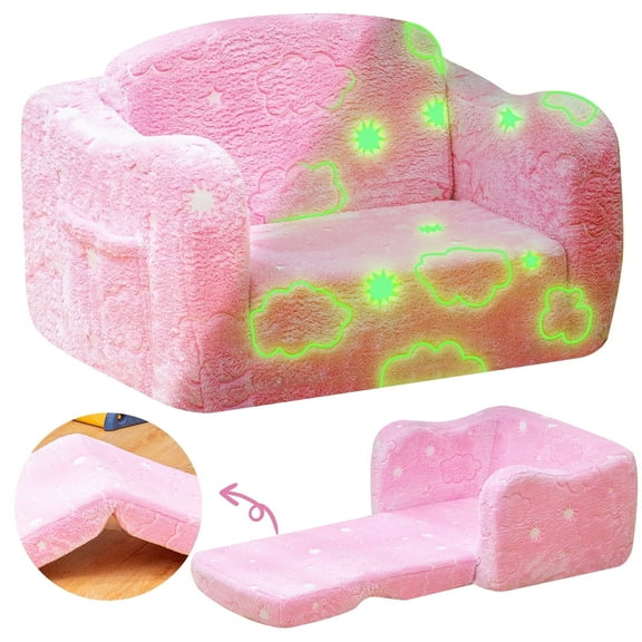 Baxluxe Folding Toddler Couch for Kids, Luminous Toddler Sofa Chair, 2-in-1 Convertible Kids Couch Flip Open Sofa, Velvet Mini Baby Couch Kids Recliner Sofa for Playing Room, Living Room, Pink