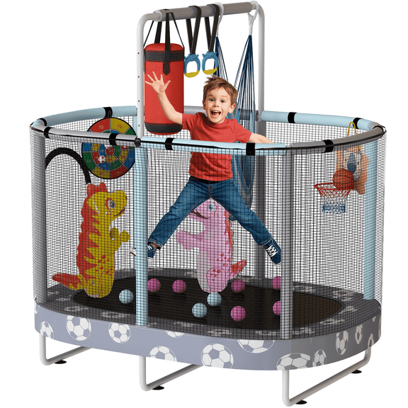 Baxluxe 60 Inch Toddler Trampoline for Age 3-8, 7-in-1 Bouncing Kids Trampoline with Safety Enclosure Net, Height Adjustable Mini Play Trampoline for Indoor & Outdoor, 500lbs Capacity, Gray Football