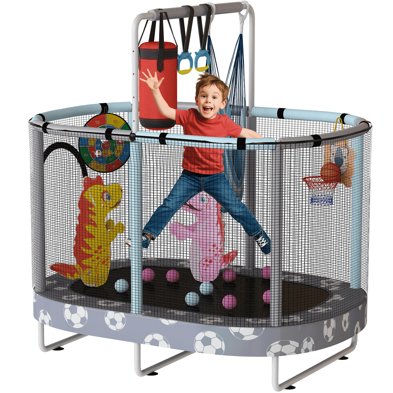 Baxluxe 60" Kids Trampoline 7-in-1, Elliptic Toddler Trampoline with Safety Enclosure Net, Height Adjustable Handrail & 500lbs Capacity, Mini Bouncer with Swing for Age 3-8, Gray Football
