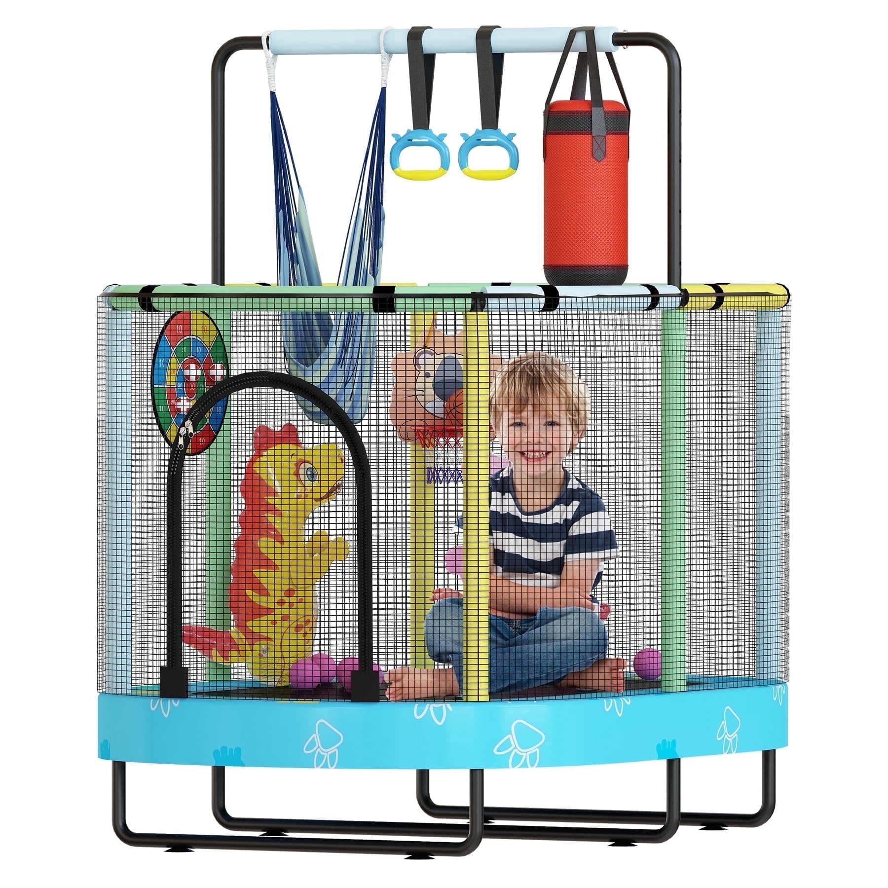 Baxluxe 60" Kids Trampoline 7-in-1, Elliptic Toddler Trampoline with Safety Enclosure Net, Height Adjustable Handrail & 500lbs Capacity, Mini Bouncer with Swing for Age 3-8, Blue Dinasour