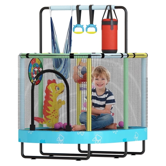 Baxluxe 60" Kids Trampoline 7-in-1, Elliptic Toddler Trampoline with Safety Enclosure Net, Height Adjustable Handrail & 500lbs Capacity, Mini Bouncer with Swing for Age 3-8, Blue Dinasour