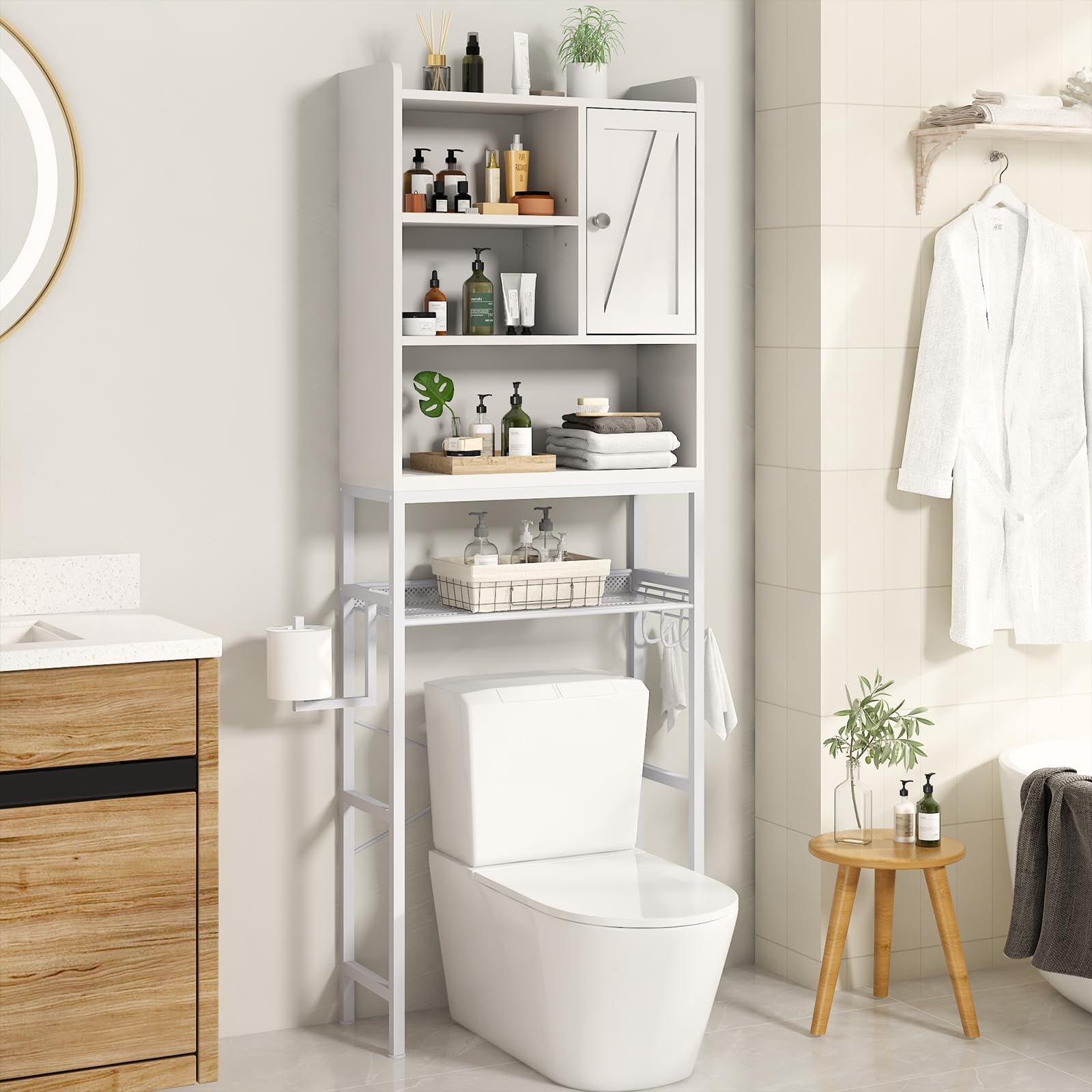 Baxluxe Over The Toilet Storage Cabinet, Bathroom Rack Organizers with Adjustable Shelf, 5-Tier Bathroom Space Saver Over Toilet with Door for Bathroom, Restroom, Laundry, White