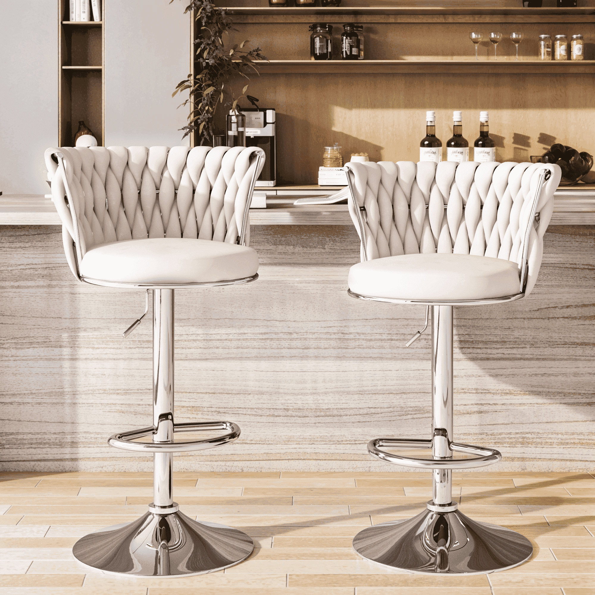 Baxluxe Velvet Bar Stools Set of 2, Swivel Counter Height Bar Chairs with Footrest, Metal Base Adjustable Pub Stools Island Chairs, High Stools Chairs for Kitchen Island, Pub, Restaurant, Beige