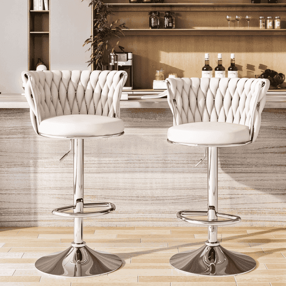 Baxluxe Velvet Bar Stools Set of 2, Swivel Counter Height Bar Chairs with Footrest, Metal Base Adjustable Pub Stools Island Chairs, High Stools Chairs for Kitchen Island, Pub, Restaurant, Beige