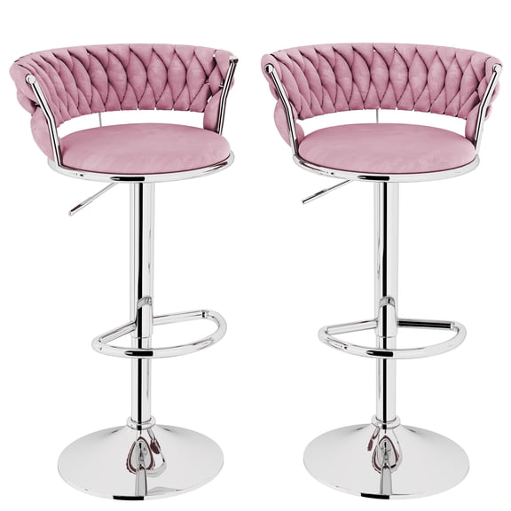 Baxluxe Velvet Bar Stools Set of 2 - Adjustable Swivel Kitchen Stools with Low Back,Counter Height Bar Stools for Kitchen Island, Dining Room, Breakfast Bar, Home Decor, and Entertaining Guests, Pink