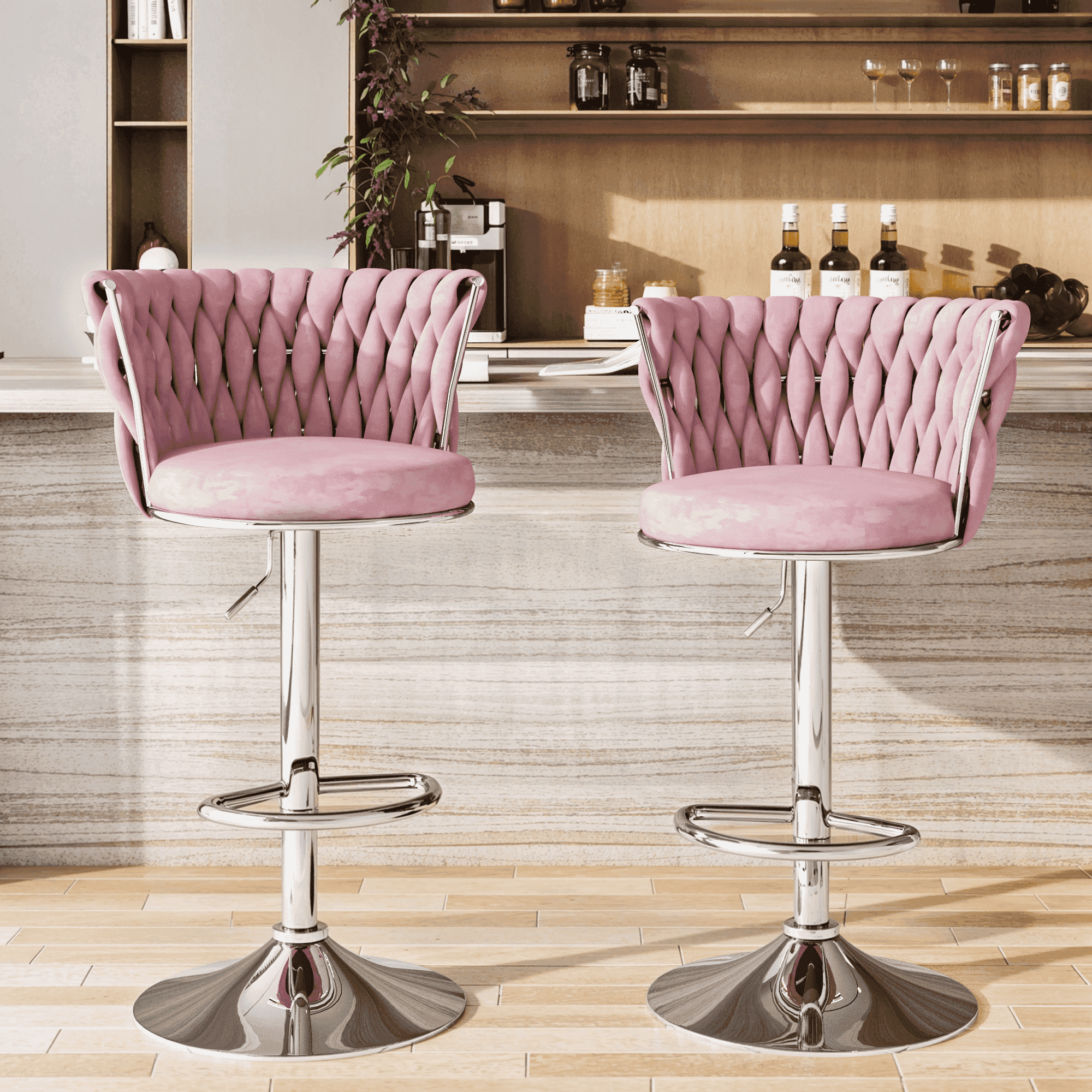 Baxluxe Velvet Bar Stools Set of 2, Adjustable Counter Height Bar Chairs with Footrest, Swivel High Stools Pub Style Chairs Set, Pub Stools Kitchen Island Chairs for Dining Room, Pub, Cafe, Pink
