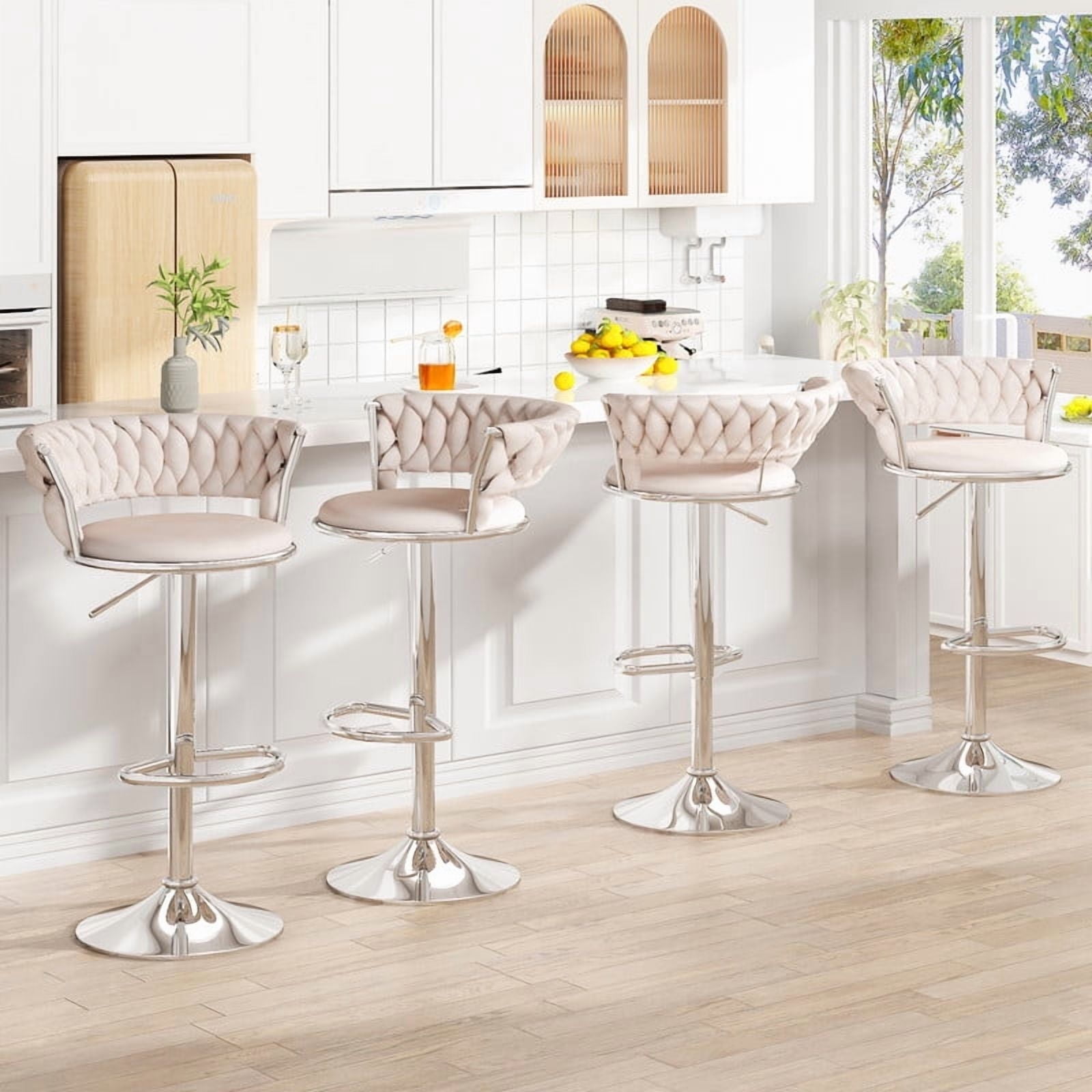 Baxluxe Velvet Bar Stool Set of 4, 360 Degree Swivel Bar Chair with Footrest & Backrest, 4 Pieces Adjustable Barstool Dining Chairs, Counter Height High Stool Pub Chair for Kitchen Island, Beige